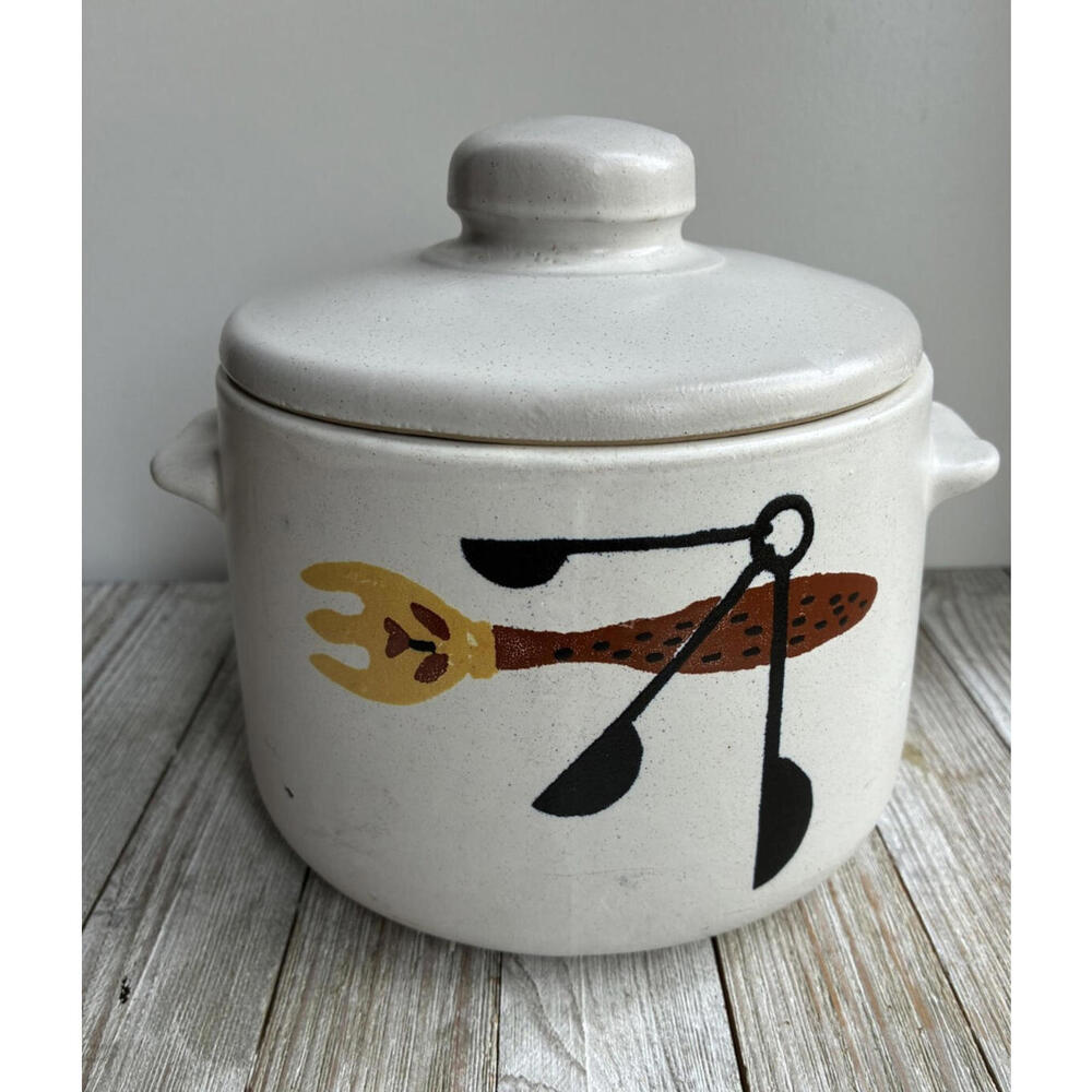 Vintage 1960's Westbend Stoneware Bean Dish with Lid-Fork & Spoon Design